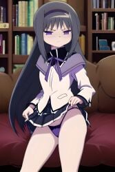 ai_generated akemi_homura angry angry_face black_hair couch disgusted disgusted_look female female female_focus female_only highres lifted_by_self lifting_skirt long_hair magical_girl magical_girl_outfit mahou_shoujo_madoka_magica panties puella_magi_madoka_magica purple_eyes skirt skirt_lift skirt_lifted_by_self solo solo_female solo_focus thighs