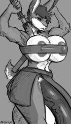 absurd_res anthro areola balls barely_contained big_balls big_breasts big_penis bra breasts clothed clothing dr._whelps genitals gynomorph hi_res huge_balls huge_breasts huge_cock hyper hyper_balls hyper_breasts hyper_genitalia hyper_penis intersex melee_weapon penis solo sword underwear weapon xensilver