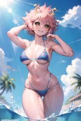 ai_generated aiposter bikini happy horns in_water mina_ashido my_hero_academia pink_hair pool sun sunshine water