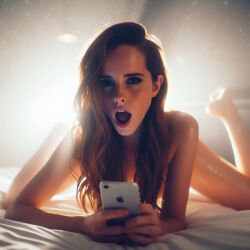 ai_generated celebrity dall-e3 emma_watson lying_on_bed naked naked_female nude nude_female on_bed selfie taking_selfie wet