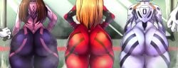 3girls ass ass_comparison ass_focus asuka_langley_sohryu back back_view backboob big_ass big_butt blue_hair bodysuit breasts brown_hair bubble_butt curvaceous curvy curvy_body curvy_female curvy_figure fat_ass female female_focus gigantic_ass hand_on_hip hands_on_hips huge_ass huge_butt human large_breasts lineup long_hair mari_illustrious_makinami musk_clouds neon_genesis_evangelion orange_hair penpen_(artist) pilot_suit plugsuit rebuild_of_evangelion rei_ayanami short_hair steam thick thick_ass thick_butt thick_thighs tight_clothing trio voluptuous voluptuous_female