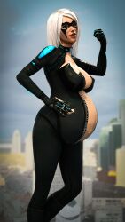 1girls 3d belly big_belly big_breasts black_cat_(marvel) black_cat_2099 breasts felicia_hardy female image marvel preggmaster pregnant solo spider-man_(series) white_hair