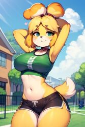 5_fingers ai_generated animal_crossing anthro big_breasts blonde_hair blue_sky breasts canine canis cloud clouds cloudy_sky collar dipstick_tail domestic_dog female fence fluffy_tail furry furry_only grass green_eyes gym_uniform hair_tie house isabelle_(animal_crossing) jean_shorts leaf leaves mammal navel nintendo nude nude_female outside scut_tail shih_tzu shirt short_hair short_tail sky solo tail thick_thighs thighs toy_dog tree trees two_tone_body two_tone_fur white_fur workout_clothes yellow_fur