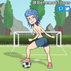 ass ass_focus ball blue_eyes blue_hair cloe_(desafío_champions_sendokai) dat_ass desafío_champions_sendokai looking_at_viewer looking_back sendokai sendokai_champions short_hair shorts sideboob