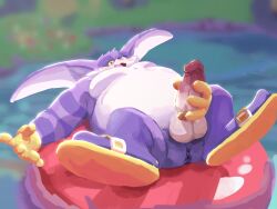 absurd_res anthro anus ass balls belly big_the_cat blush clothing domestic_cat erection felid feline felis floating footwear genitals hi_res huntingbaku male mammal masturbation overweight penis perineum purple_body sandals sega solo sonic_(series) sonic_the_hedgehog_(series) swim_ring