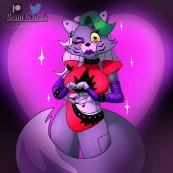 anthro beanontoast big_breasts clothed five_nights_at_freddy's five_nights_at_freddy's:_security_breach grey_fur heart_fingers roxanne_wolf_(fnaf) solo thick_thighs wolf_ears wolf_girl