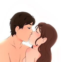 1boy1girl blue_eyes blush breasts brown_hair closed_eyes color colored couple dark_hair digital_drawing_(artwork) digital_media_(artwork) duo female half-closed_eyes hotfiresu human kiss_on_lips kissing lips making_out male male/female male_chest naked naked_female naked_male nipples no_bra nude oc original original_character original_characters passionate straight tan_skin