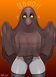 bedding big_breasts blanket breasts camel_toe clothed clothing eyelashes fecharis female grey_body grey_skin halloween holidays legwear margaret_(vetisx) plague_doctor pubes solo stockings translucent translucent_clothing undead vetisx yellow_eyes