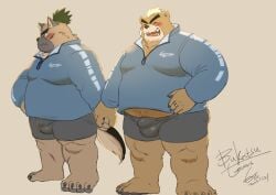 anthro ashigara bear belly blush bottomwear brown_body brown_fur bulge canid canine canis clothing detailed_bulge domestic_dog duo fur hand_holding hikoero777 lifewonders male male/male mammal musclegut pecs romantic romantic_couple shorts tokyo_afterschool_summoners yasuyori