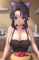 ai_generated aiartfactory apron bangs big_breasts black_clothing blank_face breasts busty clothing demon_slayer food hair_ornament huge_breasts indoors kimetsu_no_yaiba kochou_shinobu looking_at_viewer multicolored_hair naked_apron no_pupils parted_bangs purple_eyes purple_hair short_hair solo solo_female solo_focus standing tagme two_tone_hair