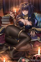 1girls anklet ass bangle black_cape black_hair black_nails blunt_bangs bodystocking book book_stack bracelet breasts bridal_gauntlets candle cape circlet cleavage closed_mouth commentary curtains enma_nuelart enmanuelart20 female female_only fire_emblem fire_emblem_awakening full_body gold_trim highres indoors jewelry large_ass large_breasts light-skinned_female light_skin long_hair looking_at_viewer lying nail_polish nintendo no_shoes on_side pillow playing_with_own_hair purple_eyes sidelocks skull smile solo tharja_(fire_emblem) thighlet tiara two_side_up