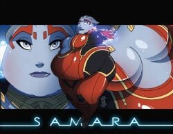 asari bbw blue_eyes blue_skin breast_focus cleavage close_up fat fat_belly fat_breasts fat_face fat_female fat_thighs female glowing_eyes glowing_hand mass_effect mass_effect_2 obese red_outfit samara seriojainc