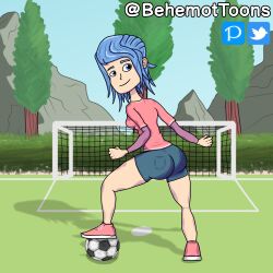 ass ass_focus ball blue_eyes blue_hair cloe_(desafío_champions_sendokai) dat_ass desafío_champions_sendokai looking_at_viewer looking_back sendokai sendokai_champions short_hair shorts sideboob