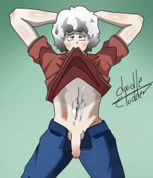 1boy ahe_gao balls blush brown_eyes clothing cum cum_on_body doodleclodder femboy genitals human light_skin looking_pleasured looking_up lying male male_focus male_only oc original original_character penis short_hair simple_background solo solo_focus upper_body white_body white_hair