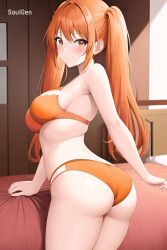 1girls ai_generated iris_orange orange_bra orange_eyes orange_hair orange_panties smile twintails