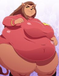 bbw belly_overhang caitian_(species) cat_girl cat_tail catgirl fat fat_belly fat_breasts fat_female fat_thighs feline feline_humanoid female obese_female red_shirt seriojainc shiboline_m'ress star_trek weight_gain yellow_fur