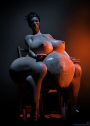 1girls belly big_belly big_breasts breasts chair cyberpunk_2077 fat female food grimmspring high_heels huge_breasts native_american nipples obese overweight panam_palmer sitting thunder_thighs