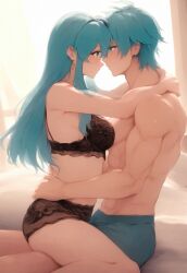 ai_generated aqua_eyes aqua_hair bed black_bra black_panties blush boxers earrings eirika_(fire_emblem) ephraim_(fire_emblem) fire_emblem fire_emblem:_the_sacred_stones hug imminent_kiss lingerie looking_at_another looking_at_partner muscular muscular_male nai_diffusion on_bed sitting_on_lap sitting_on_person stable_diffusion straddling thighs