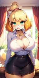 5_fingers ai_generated animal_crossing anthro big_breasts blonde_hair breasts buttons canine canis curtains curtains_open dipstick_tail domestic_dog female fluffy fluffy_tail furry furry_only green_eyes hair_tie inner_ear_fluff isabelle_(animal_crossing) large_breasts mammal navel necklace nintendo open_shirt shih_tzu shirt skirt solo sunlight tail thick_thighs thighs toy_dog two_tone_body two_tone_fur uniform white_fur window yellow_fur