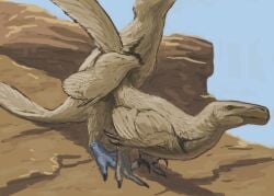 arm_feathers claws dinosaur dromaeosaurid duo feathered_dinosaur feathers female feral from_behind_position hi_res knuppitalism male male/female outside reptile scales scalie sex sickle_sword tail_feathers tail_hold tan_body tan_feathers theropod utahraptor winged_arms wings