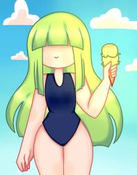 1female 1girls artist_request cami_(fnafhs) fhs fhsz3r0 fnafhs fnafhs_z3ro fnafhsrule34 green_hair ice_cream long_hair one-piece_swimsuit small_boobs small_breasts smile smiling standing swimsuit swimwear tagme