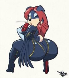 1girls ass bayonetta bayonetta_(cosplay) clothed furry huge_ass looking_at_viewer looking_back red_hair solo solo_female tansau thick_thighs winking winking_at_viewer yellow_eyes yiff