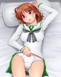 brown_eyes brown_hair female girls_und_panzer looking_at_viewer nishizumi_miho on_back on_bed ooarai_school_uniform panties short_hair skirt_removed solo yantaka