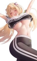 1girls aki_rosenthal blonde_hair breasts female hololive hololive_dance_practice_uniform hololive_gen_1 hololive_japan huge_breasts light-skinned_female light_skin long_hair midriff prab sportswear thick_thighs underboob virtual_youtuber wide_hips