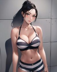 1girls ai_generated ai_mirror belly_button black_hair blue_and_white_striped_bra blue_and_white_stripped_panties blush brown_eyes looking_at_viewer medium_breasts metal_wall ponytail short_hair smile white_skin