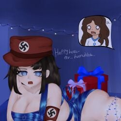 2girls alternate_universe annoyed au blue_background german_female gift_wrapped gifts hanukkah holidays jewish_female laying_down laying_on_bed laying_on_stomach lights multiple_girls nazi nazi_armband original original_character presents reaction_image shocked shocked_expression surprised swastika text