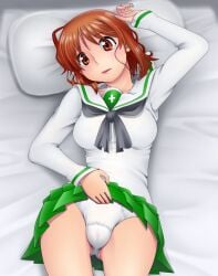 brown_eyes brown_hair female girls_und_panzer lifted_by_self looking_at_viewer nishizumi_miho on_back on_bed ooarai_school_uniform panties short_hair skirt_lift solo yantaka