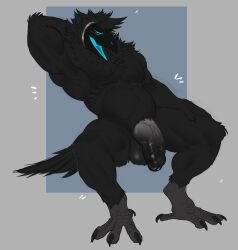 2023 alphi_(nightbirby) anthro avian balls beak bird black_body black_fur bottomwear bulge claws clothed clothing corvid corvus_(genus) crow digital_drawing_(artwork) digital_media_(artwork) feathers feet fur genitals hair hi_res hybrid killianroo knot looking_at_viewer machine male male_only mammal muscular muscular_anthro muscular_male nude open_mouth oscine passerine penis protogen simple_background smile solo tail talons toe_claws toes tongue