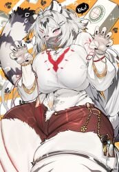 1girl 1girls absurd_res anthro belly belly_fur big_breasts black_fingernails black_hair black_nails bottomwear breast_squeeze breasts claws claws-and-paws clothed clothing ear_piercing felid female fluffy_belly fur furry furry_belly furry_breasts furry_tail hair hannah_(mahjong_soul) hi_res huge_breasts jewelry kantan kemono mahjong_soul mammal necklace pantherine pink_eyes short_hair solo streaked_hair striped_body stripes tail thick_thighs tiger tiger_ears tiger_girl tiger_shark tiger_tail white_body white_fur white_hair wide_hips