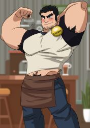 1boy 2023 arm_behind_head armpit_hair bara barazoku beard_stubble black_hair blush clothing flexing_bicep gay hairy_male looking_at_viewer lucas_lee male male_focus male_only male_pubic_hair manly muscular_male scott_pilgrim solo solo_male usagi_(artist)