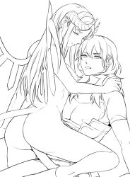 2girls ambiguous_penetration byleth_(fire_emblem) byleth_(fire_emblem)_(female) demon demon_girl edelgard_von_hresvelg edelgard_von_hresvelg_(hegemon_husk) female female_only fire_emblem fire_emblem:_three_houses hair_down horns monochrome monster_girl multiple_girls naked nintendo post-timeskip radiostarkiller strap-on succubus succubus_horns succubus_tail succubus_wings yuri