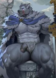 2023 abdominal_scar abs anthro arm_scar armor balls black_sclera blaidd_(elden_ring) blue_cape canid canine canis cape cheek_scar chest_scar clothing clothing_aside cracked_wall elden_ring flaccid fromsoftware fur furry genitals gloves grey_body grey_fur handwear head_scar hi_res holding_object holding_sword holding_weapon male male_only mammal melee_weapon navel nipples overcast pantsless pecs penis plant purple_eyes raccoon21 scar sitting sky solo stone_wall sword underwear underwear_aside vambrace vines wall_(structure) weapon white_clothing white_underwear wolf