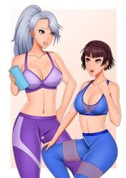 2girls alternate_costume ass atlus big_breasts breasts brown_eyes brown_hair female female_only large_breasts makoto_niijima megami_tensei persona persona_5 rrl0215 sae_niijima silver_hair sisters sports_bra yoga_pants