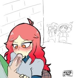 abby_(fnafhs) background_character blowjob caught caught_in_the_act fede_(fnafhs) fhs fhsz3r0 fnafhs fnafhs_z3ro fnafhsrule34 long_hair luna_(fnafhs) offscreen_character oral oral_sex orange_eyes outdoor_sex public public_sex red_hair tagme unseen_male_face z3star