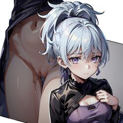 1girls ai_generated darker_than_black emotionless hi_res hip_bones kuudere navel ponytail pussy pussy_juice pussy_juice_drip silver_hair small_breasts stable_diffusion stomach violet_eyes yin_(darker_than_black)