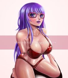 arms_behind_back big_breasts bikini cleavage female female_only gintama glasses lipstick long_hair looking_at_viewer purple_eyes purple_hair purple_lipstick red-framed_glasses red_bikini sarutobi_ayame senohsuke shiny_skin sitting solo wariza