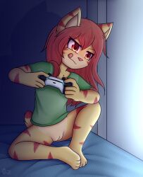 1girls absurd_res anthro bed bottomless clothed clothing controller cub domestic_cat dream_mirage felid feline felis female furniture gaming genitals hi_res mammal playing_videogame pussy sitting solo teenager young