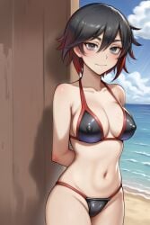 ai_generated aicon beach bikini cameltoe collarbone gradient_hair medium_breasts navel nipples_visible_through_clothing ruby_rose rwby self_upload silver_eyes smile