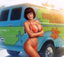 arms_crossed ass bare_legs big_breasts bikini bikini_bottom bikini_top bra breasts brown_eyes brown_hair cleavage crossed_arms drew_gardner freckles glasses half_naked half_nude hanna-barbera legs looking_at_viewer nerdy_female orange_clothing panties scooby-doo short_hair smile smiling smiling_at_viewer string_bikini thighs thong underboob underwear van vehicle velma_dinkley