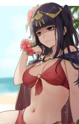 1girls alternate_costume bikini black_cape black_hair blunt_bangs breasts cape cleavage female female_only fire_emblem fire_emblem_awakening fire_emblem_heroes hair_ornament haru_(nakajou-28) highres long_hair medium_breasts nintendo o-ring o-ring_bikini official_alternate_costume red_bikini red_swimsuit shaded_face solo swimsuit tharja_(fire_emblem) tharja_(summer)_(fire_emblem) tiara two_side_up