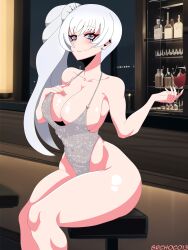 bar bare_shoulders big_hips blue_eyes cocktail_dress large_breasts large_hair revealing_clothes rwby srchoco13 weiss_schnee white_hair