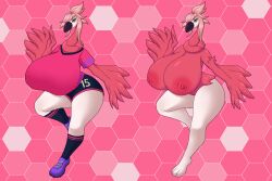 anthro anthro_only big_breasts black_beak clothed_and_nude_version female flamigo flamingo generation_9_pokemon huge_breasts lexenart nude nude_female original_character pink_feathers pink_hair pink_shirt pokemon pokemon_(species) pokemon_sv purple_shoes white_legs