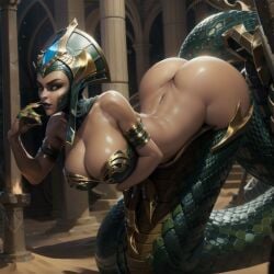 4k absurd_res ai_generated arched_back bent_over big_ass cassiopeia_du_couteau cmtilins desert highres league_of_legends monster monster_girl narrow_waist snake snake_girl tail thick_naga_hips wide_hips