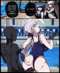 1boy 2girls ass best_girl blackened_(danganronpa) blue_eyes blue_hair caught danganronpa danganronpa:_trigger_happy_havoc fat_ass female gloves grey_body kirigiri_kyouko lavender_eyes lavender_hair lilithcharlott2 looking_back maizono_sayaka male multiple_girls one-piece_swimsuit penis penis_out pool poolside sex straight swimsuit