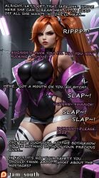 ai_generated anima_squad_series battle_bunny_miss_fortune battle_bunny_series bodysuit bunny_ears bunnysuit dialogue english_text kidnapped large_breasts league_of_legends miss_fortune orange_hair ponytail sarah_fortune stuck tam_south tape text thick_thighs thighhighs threatening