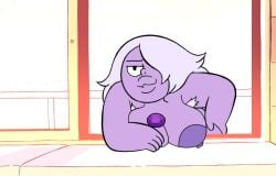 1girls 2023 :3 accurate_art_style amethyst_(steven_universe) armpit_hair big_breasts breasts cartoon_network gem_(species) nipples nude nude_female nude_filter purple_body purple_skin screenshot screenshot_edit self_upload steven_universe su_edits white_hair